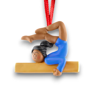 Personalized Gymnast Ornament with Name and Year – African American Female Performing on a Balance Beam