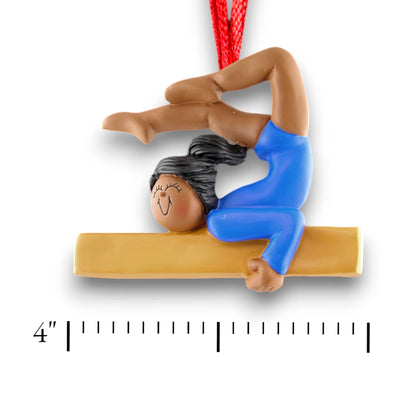 Personalized Gymnast Ornament with Name and Year – African American Female Performing on a Balance Beam