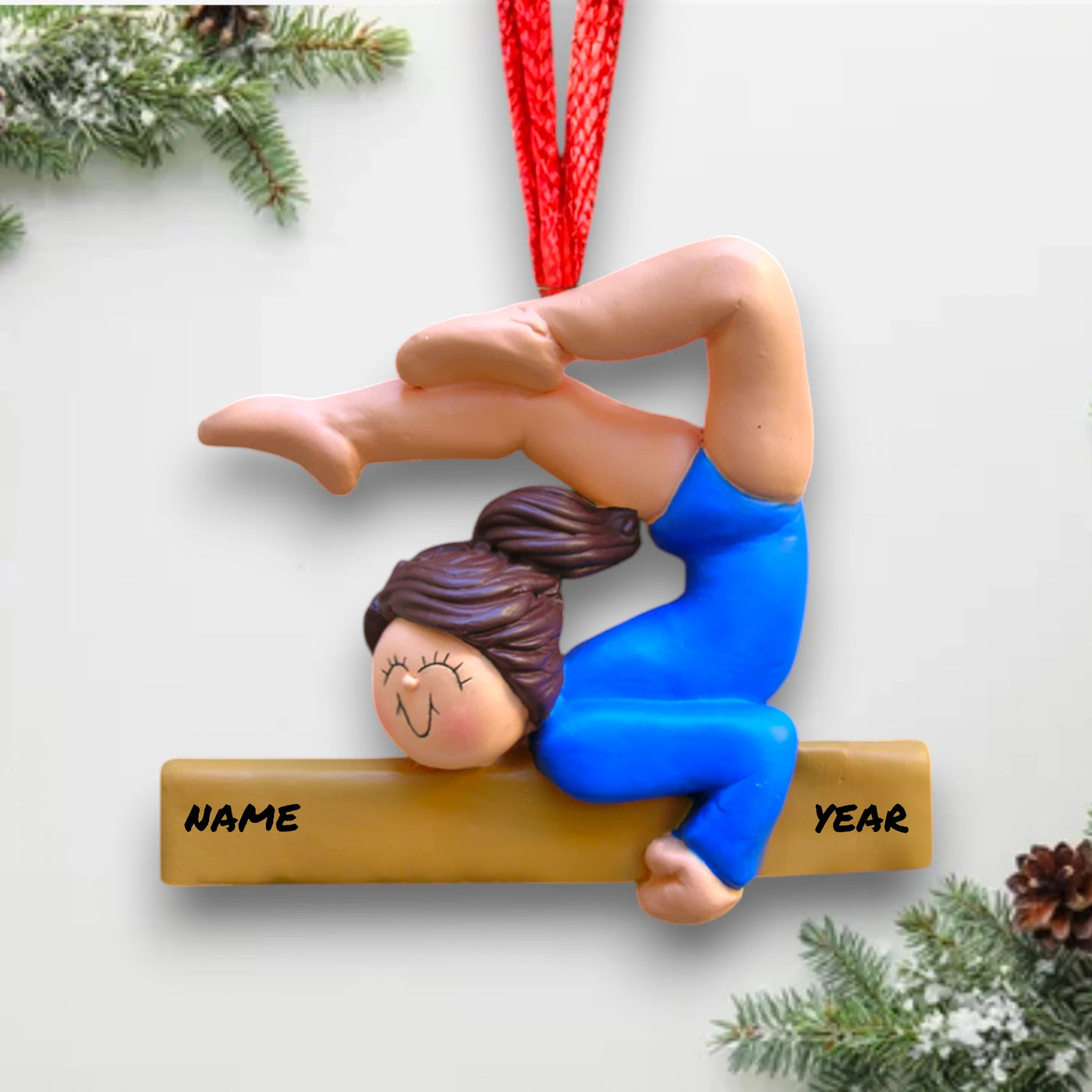 Personalized Female Brunette Gymnast Ornament with Name and Year – Blue Leotard Resin Christmas Ornament.