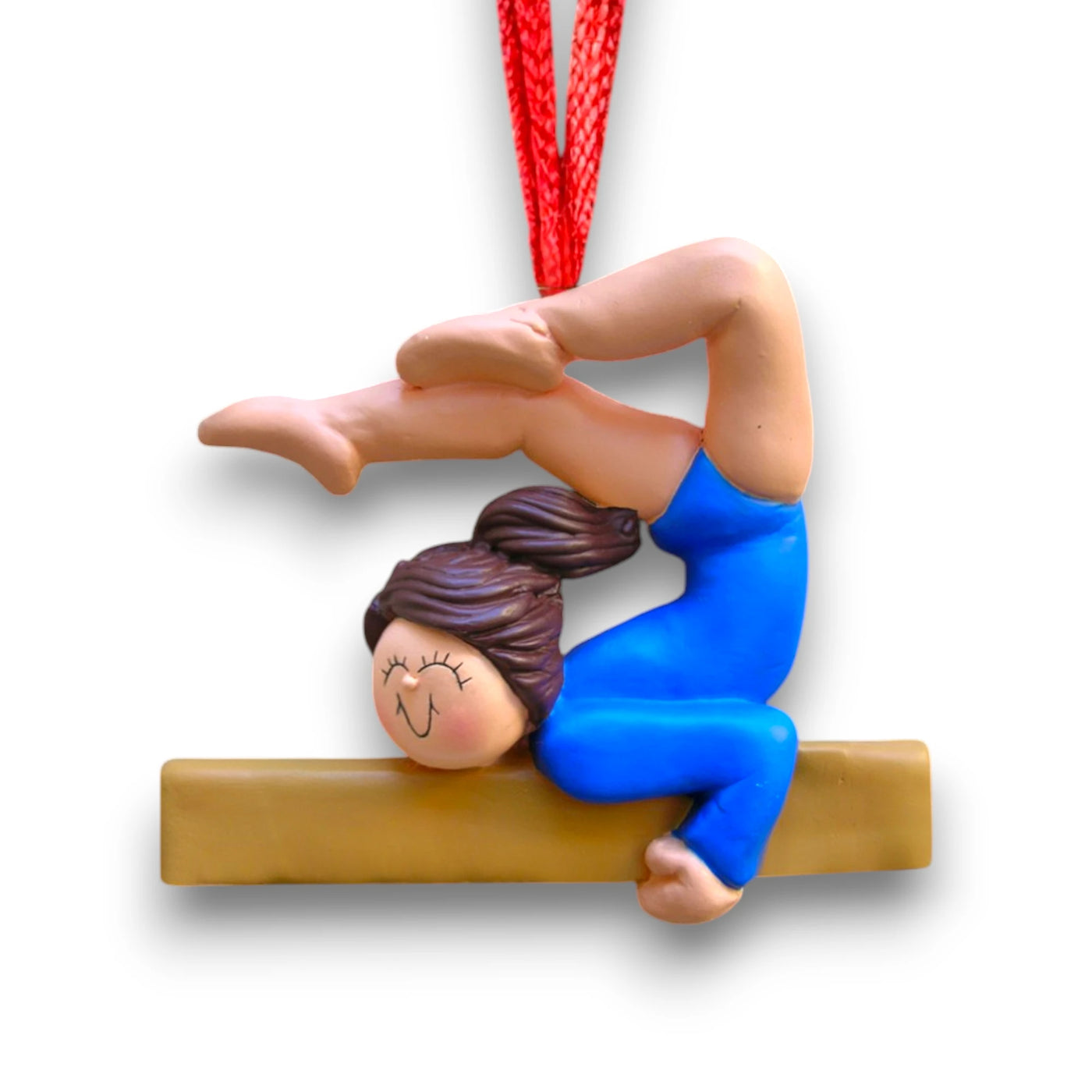 Personalized Female Brunette Gymnast Ornament with Name and Year – Blue Leotard Resin Christmas Ornament.