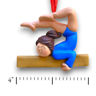 Personalized Female Brunette Gymnast Ornament with Name and Year – Blue Leotard Resin Christmas Ornament.