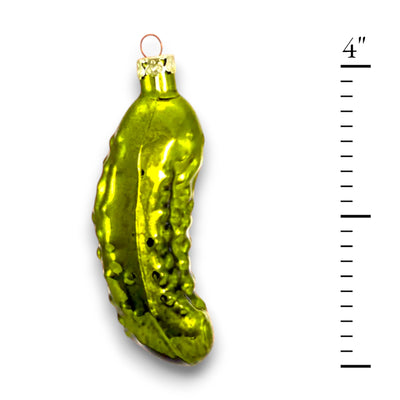 Personalized Hand Blown Glass Pickle Christmas Ornament in vibrant green with a shiny finish.
