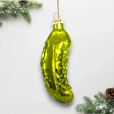 Personalized Hand Blown Glass Pickle Christmas Ornament in vibrant green with a shiny finish.
