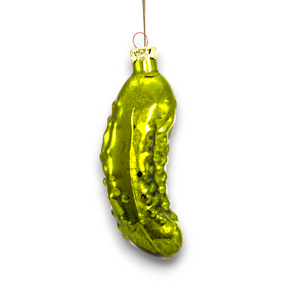 Personalized Hand Blown Glass Pickle Christmas Ornament in vibrant green with a shiny finish.
