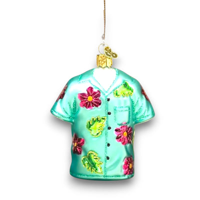 Colorful Hawaiian shirt Christmas ornament with tropical floral patterns, customizable with name and year for a unique holiday keepsake.

