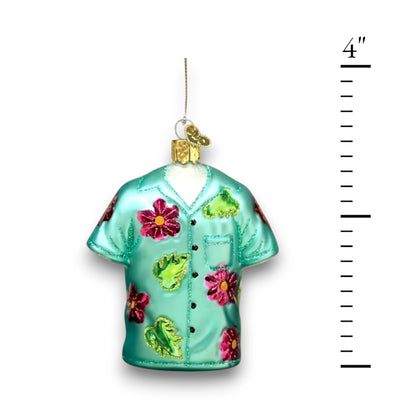 Colorful Hawaiian shirt Christmas ornament with tropical floral patterns, customizable with name and year for a unique holiday keepsake.
