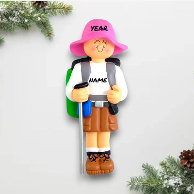 Personalized Hiker Female Ornament with Pink Hat and Backpack – Custom Name and Year Resin Christmas Ornament.

