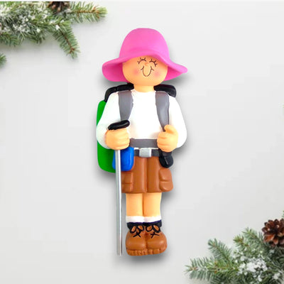 Personalized Hiker Female Ornament with Pink Hat and Backpack – Custom Name and Year Resin Christmas Ornament.

