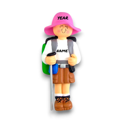 Personalized Hiker Female Ornament with Pink Hat and Backpack – Custom Name and Year Resin Christmas Ornament.

