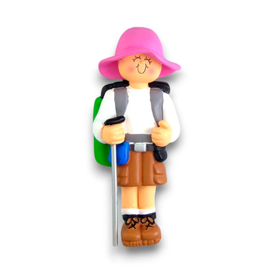 Personalized Hiker Female Ornament with Pink Hat and Backpack – Custom Name and Year Resin Christmas Ornament.

