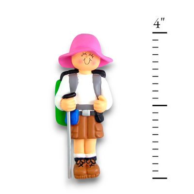 Personalized Hiker Female Ornament with Pink Hat and Backpack – Custom Name and Year Resin Christmas Ornament.

