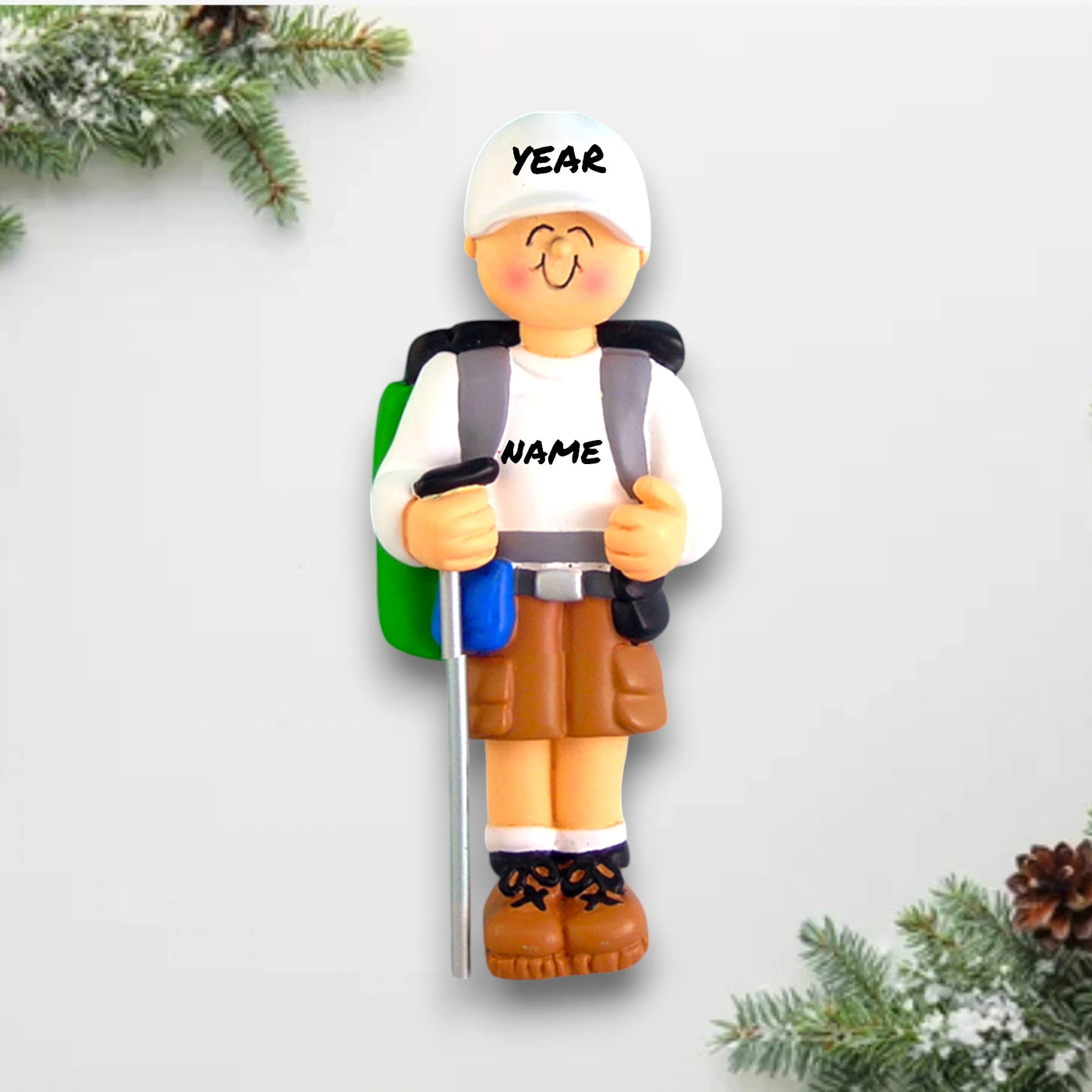 Personalized Male Hiker Christmas Ornament with Name and Year – Hiking Gear Resin Ornament.