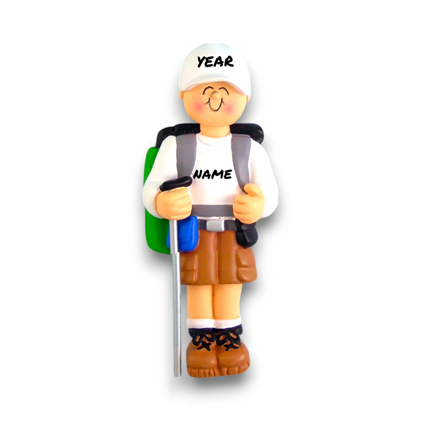 Personalized Male Hiker Christmas Ornament with Name and Year – Hiking Gear Resin Ornament.