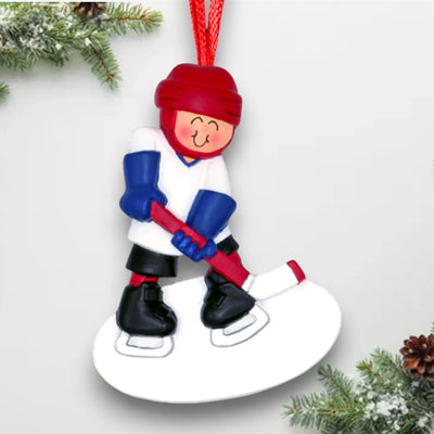 Personalized Hockey Child Ornament with Custom Name, Team, and Year – Red Helmet, White Jersey.