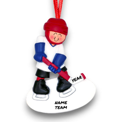 Personalized Hockey Child Ornament with Custom Name, Team, and Year – Red Helmet, White Jersey.