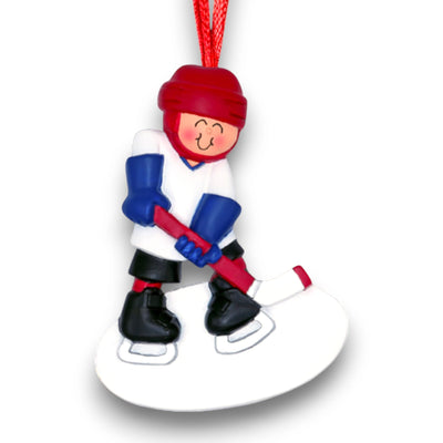 Personalized Hockey Child Ornament with Custom Name, Team, and Year – Red Helmet, White Jersey.