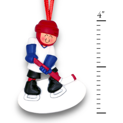 Personalized Hockey Child Ornament with Custom Name, Team, and Year – Red Helmet, White Jersey.