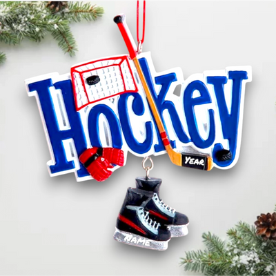 Personalized Hockey Christmas Ornament featuring a hockey stick, net, gloves, and dangling ice skates with space for name and year customization.

