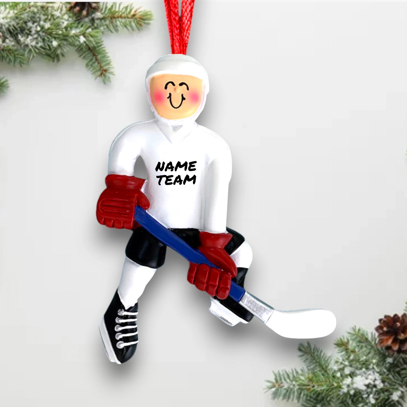 Personalized Hockey Player Ornament with Name, Team, and Year – Red Helmet, Stick, and Skates Christmas Ornament.