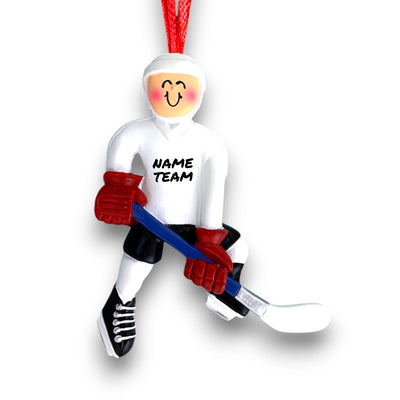 Personalized Hockey Player Ornament with Name, Team, and Year – Red Helmet, Stick, and Skates Christmas Ornament.