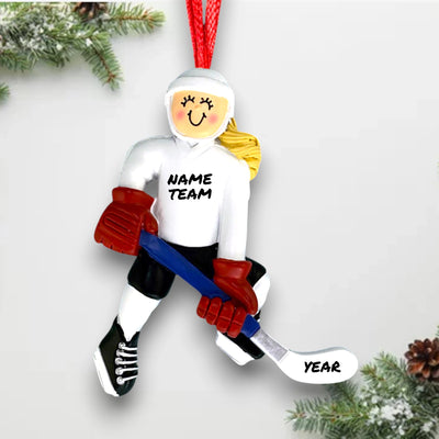 Personalized Female Blonde Hockey Player Ornament with white jersey and red gloves, customizable with name, team, and year.

