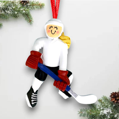 Personalized Female Blonde Hockey Player Ornament with white jersey and red gloves, customizable with name, team, and year.

