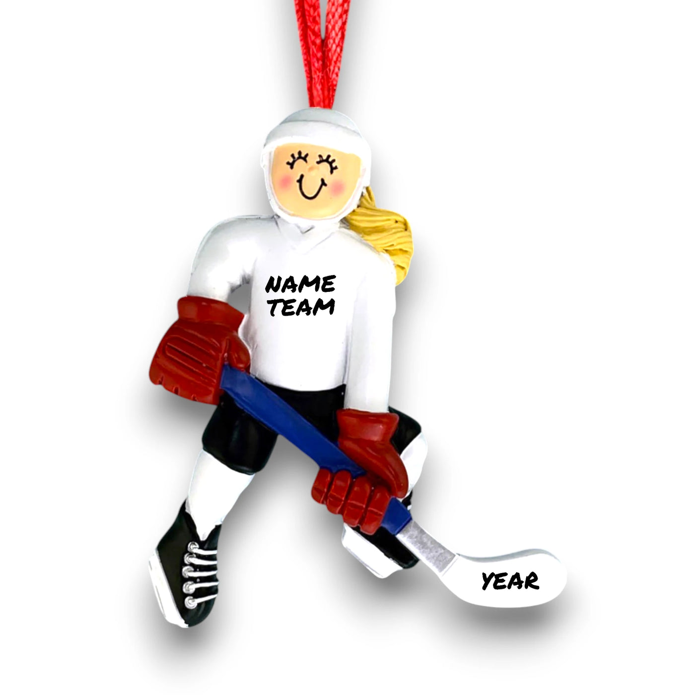 Personalized Female Blonde Hockey Player Ornament with white jersey and red gloves, customizable with name, team, and year.

