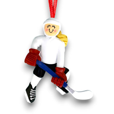 Personalized Female Blonde Hockey Player Ornament with white jersey and red gloves, customizable with name, team, and year.

