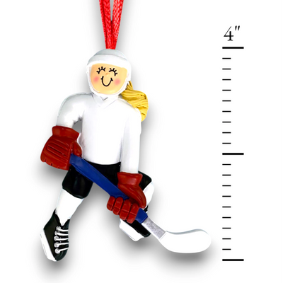 Personalized Female Blonde Hockey Player Ornament with white jersey and red gloves, customizable with name, team, and year.

