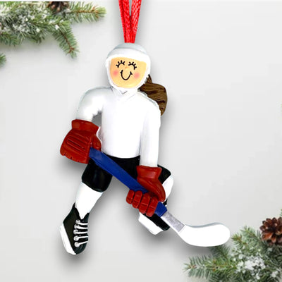 Personalized Female Brunette Hockey Player Ornament with Custom Name, Team, and Year – White Uniform with Blue Stick Christmas Ornament.

