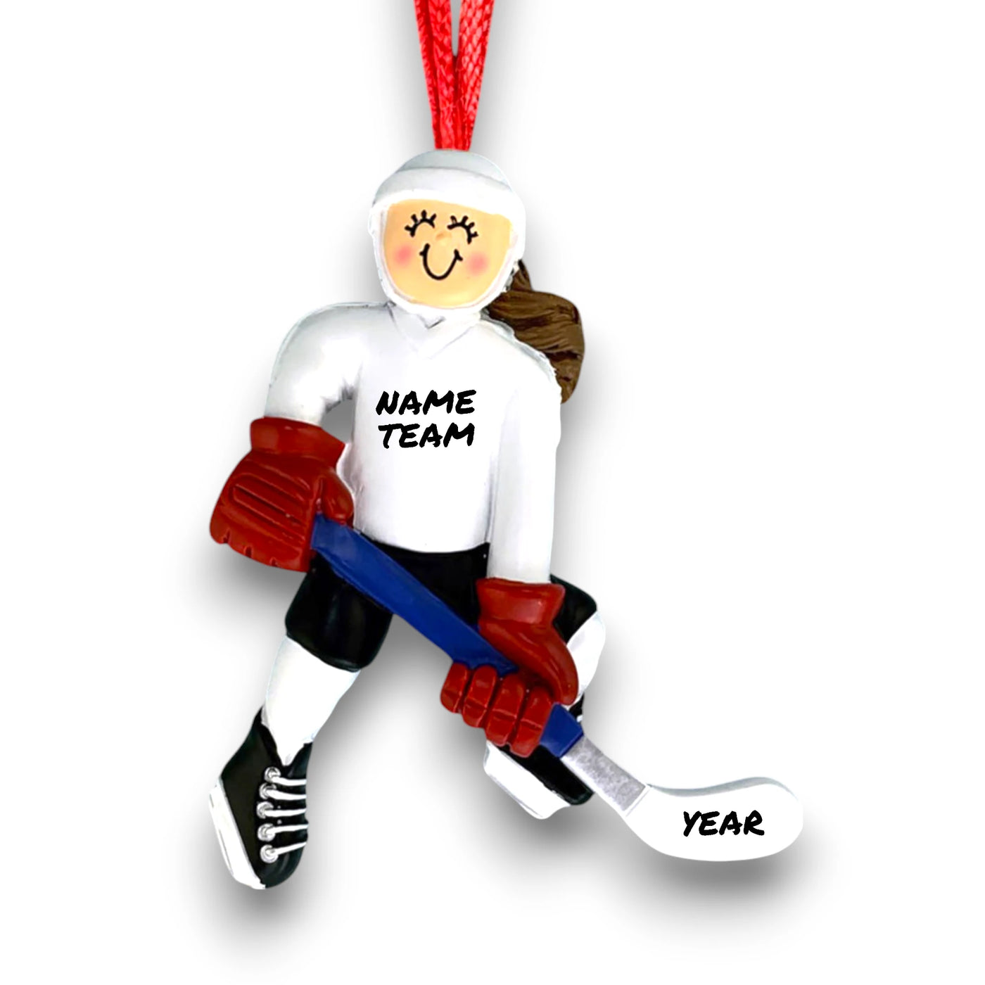 Personalized Female Brunette Hockey Player Ornament with Custom Name, Team, and Year – White Uniform with Blue Stick Christmas Ornament.

