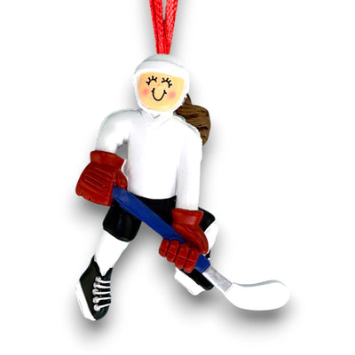 Personalized Female Brunette Hockey Player Ornament with Custom Name, Team, and Year – White Uniform with Blue Stick Christmas Ornament.

