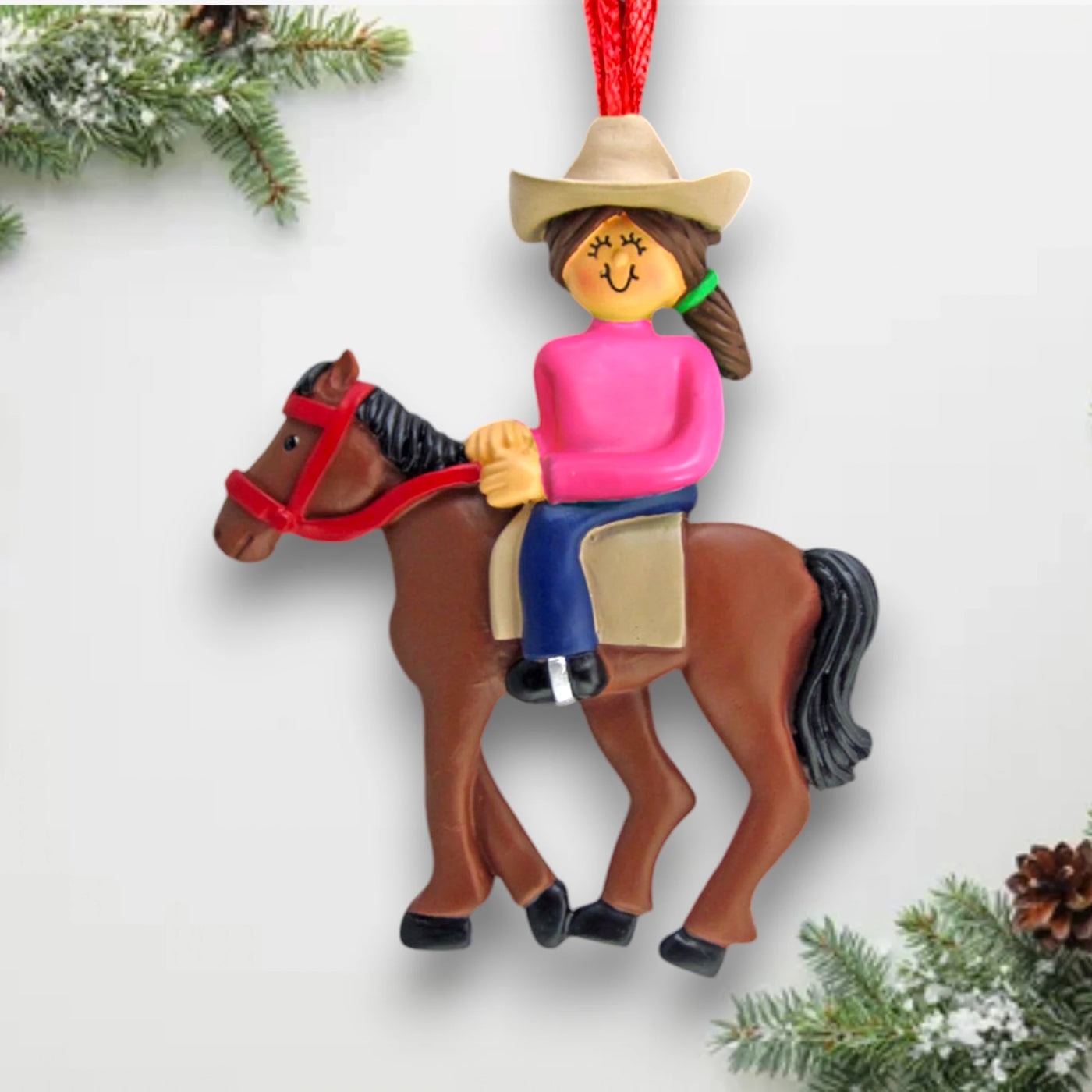 Personalized Female Brunette Horseback Riding Ornament with Custom Name and Year – Resin Christmas Ornament.