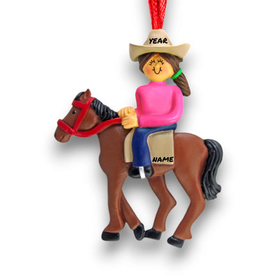 Personalized Female Brunette Horseback Riding Ornament with Custom Name and Year – Resin Christmas Ornament.