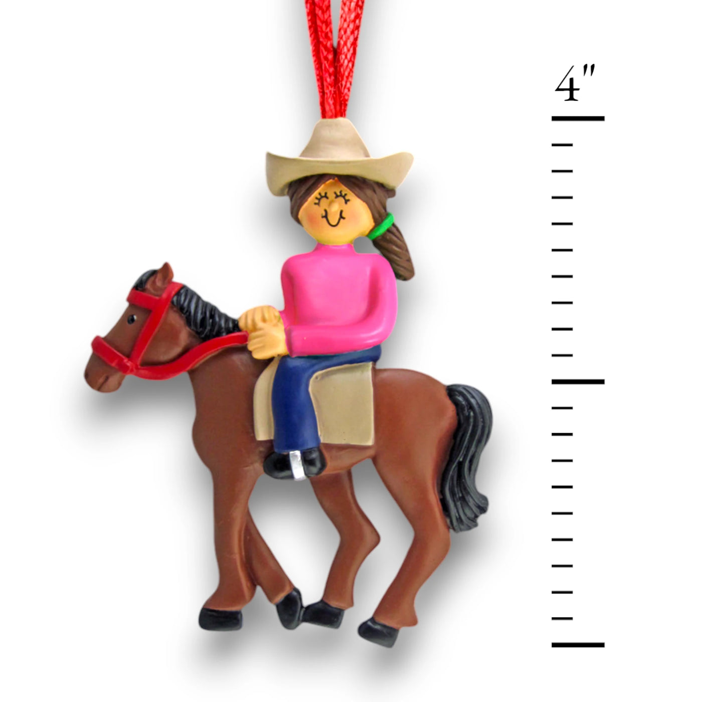 Personalized Female Brunette Horseback Riding Ornament with Custom Name and Year – Resin Christmas Ornament.