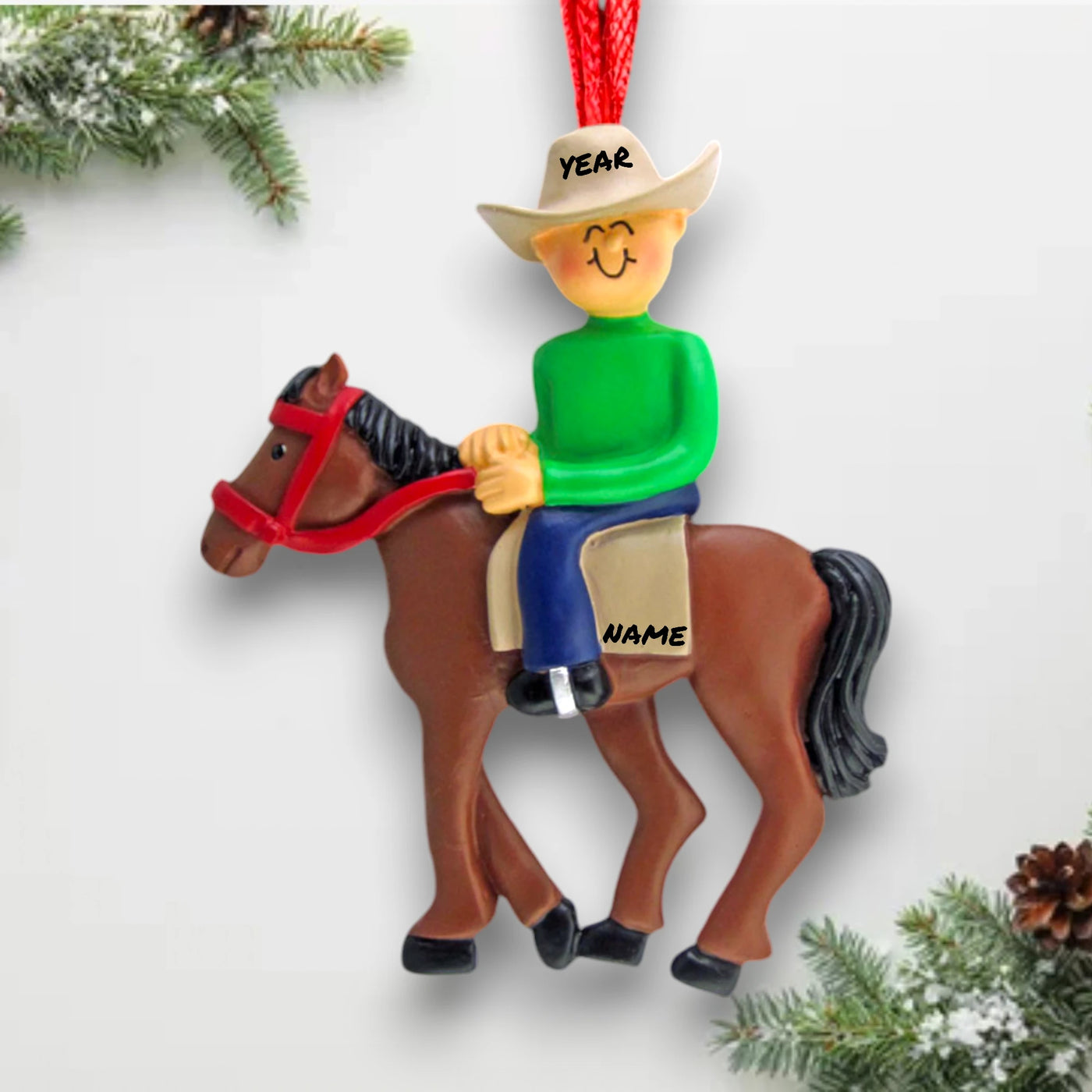 Personalized Horseback Riding Ornament with Name and Year – Male Rider on Horse Resin Ornament