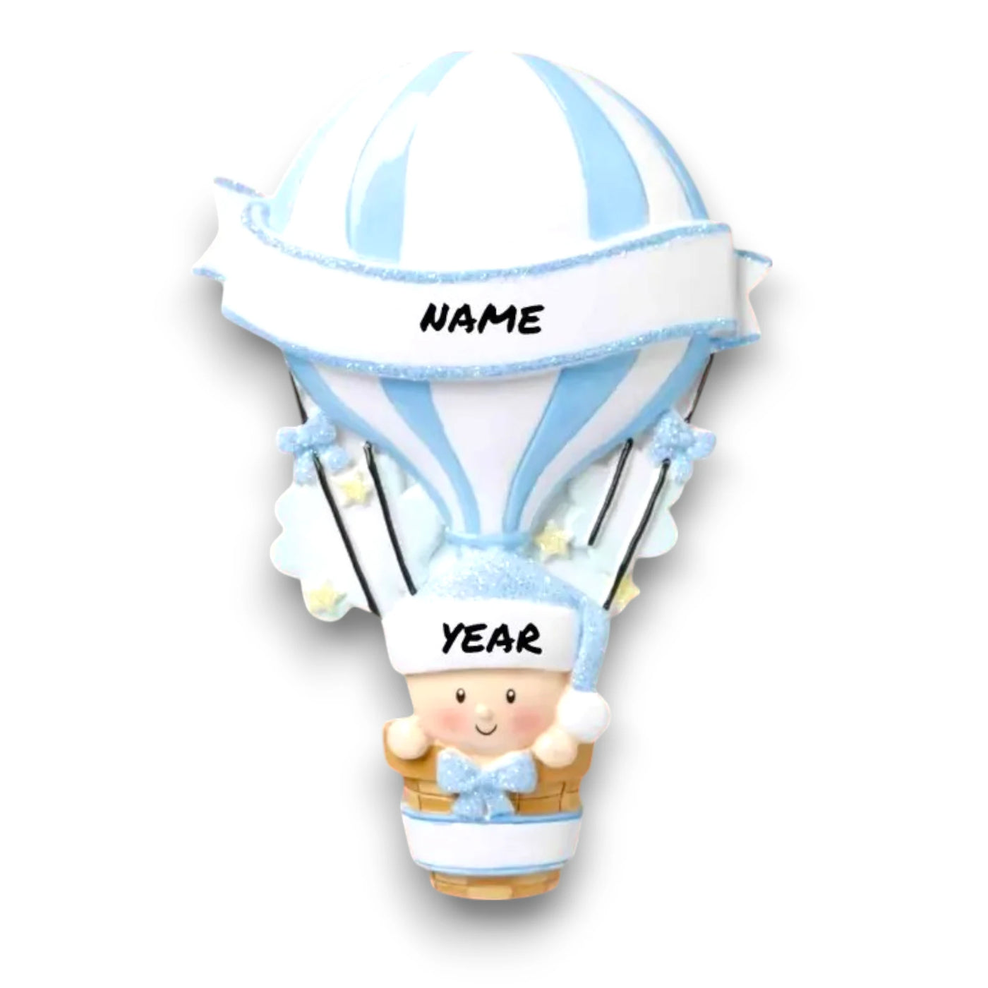 Personalized Hot Air Balloon Blue Baby’s First Christmas Ornament featuring a blue and white striped balloon with baby in basket, customizable with name and year.