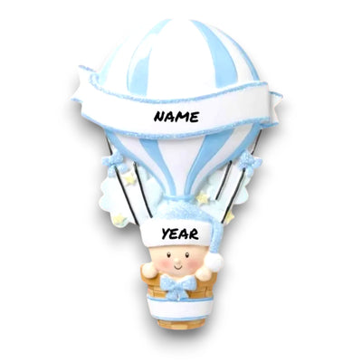 Personalized Hot Air Balloon Blue Baby’s First Christmas Ornament featuring a blue and white striped balloon with baby in basket, customizable with name and year.