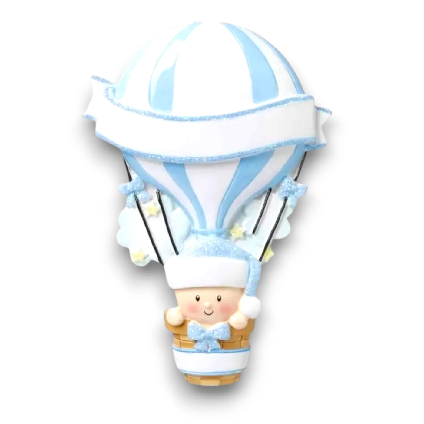 Personalized Hot Air Balloon Blue Baby’s First Christmas Ornament featuring a blue and white striped balloon with baby in basket, customizable with name and year.