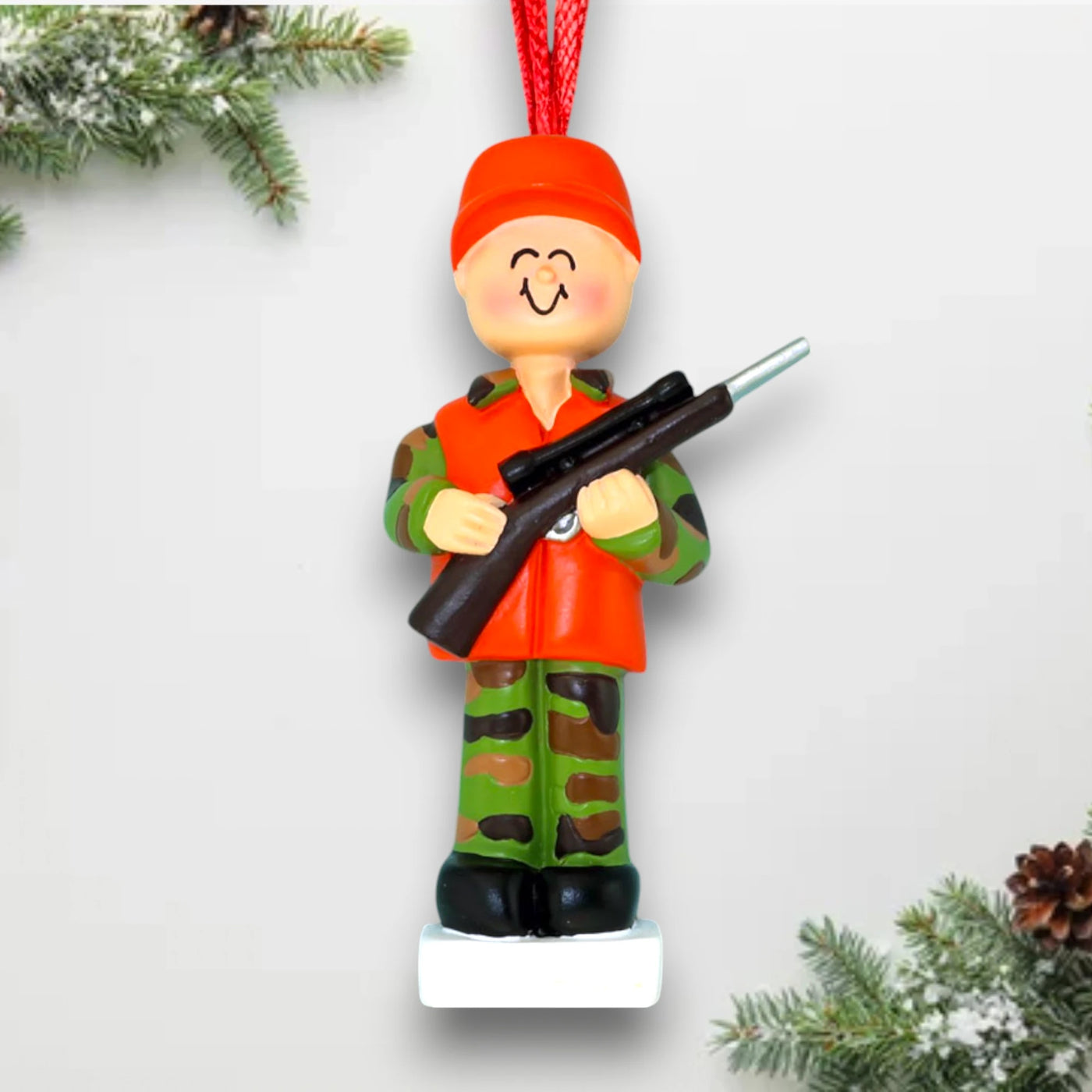 Personalized Hunter Christmas Ornament with Camouflage and Rifle – Custom Name & Year