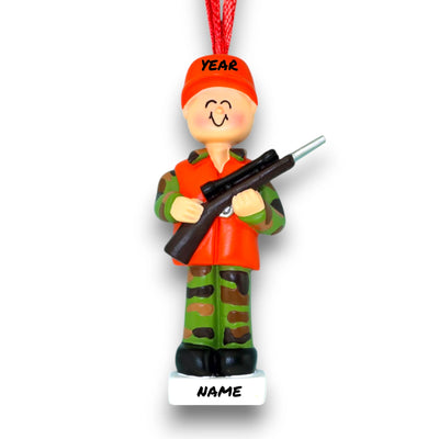 Personalized Hunter Christmas Ornament with Camouflage and Rifle – Custom Name & Year