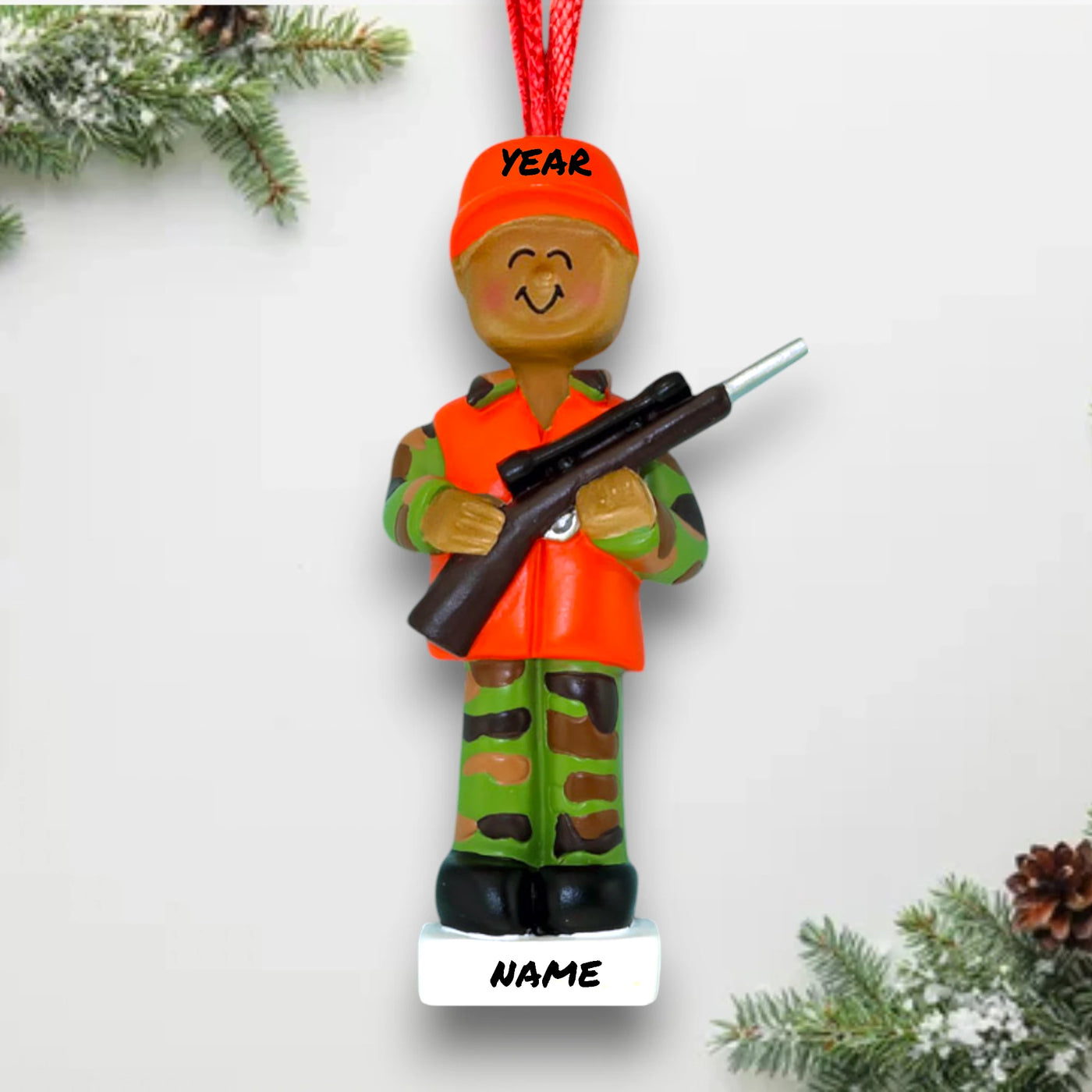 Personalized African American Male Hunter Christmas Ornament with Camouflage Gear – Custom Name and Year.