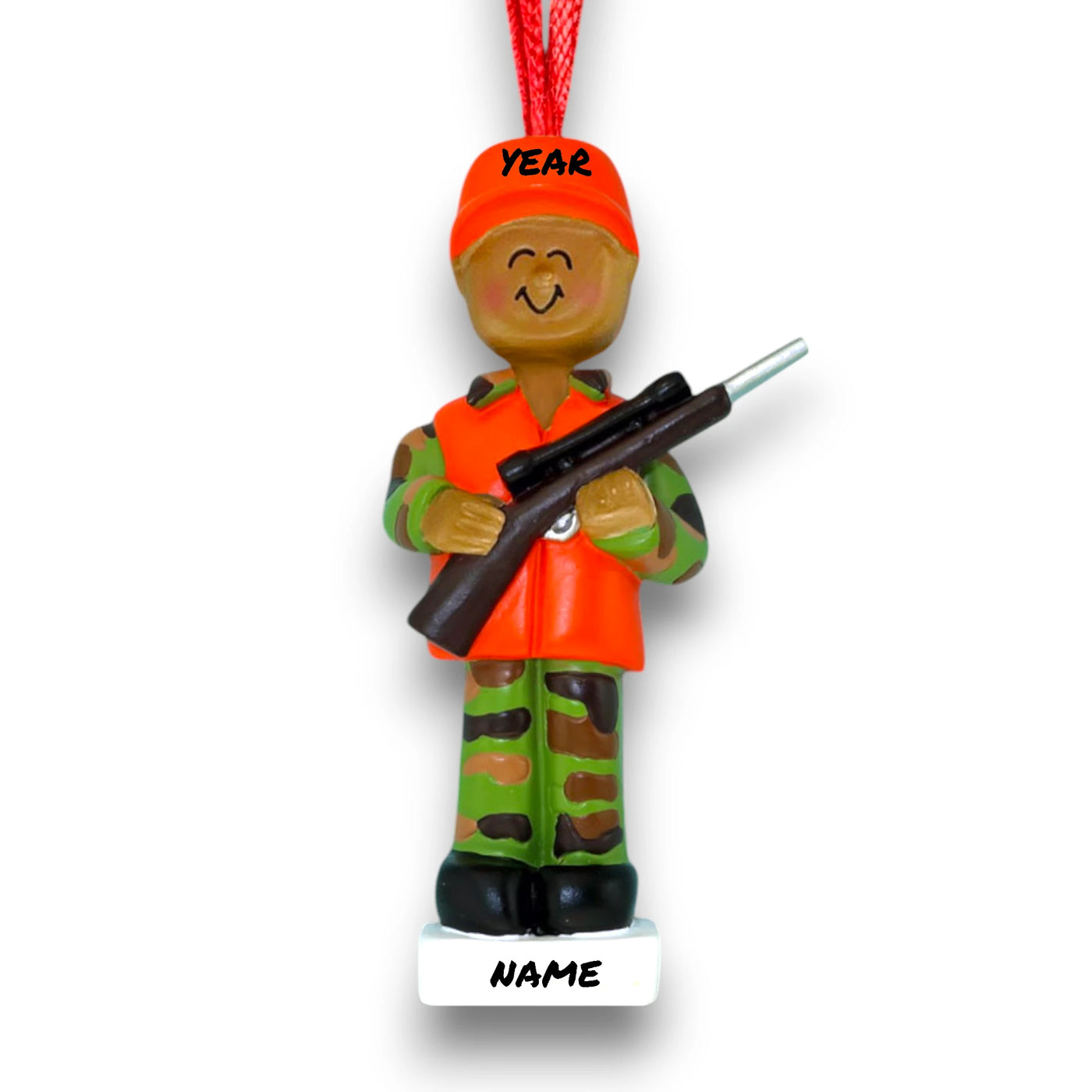 Personalized African American Male Hunter Christmas Ornament with Camouflage Gear – Custom Name and Year.