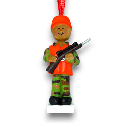 Personalized African American Male Hunter Christmas Ornament with Camouflage Gear – Custom Name and Year.