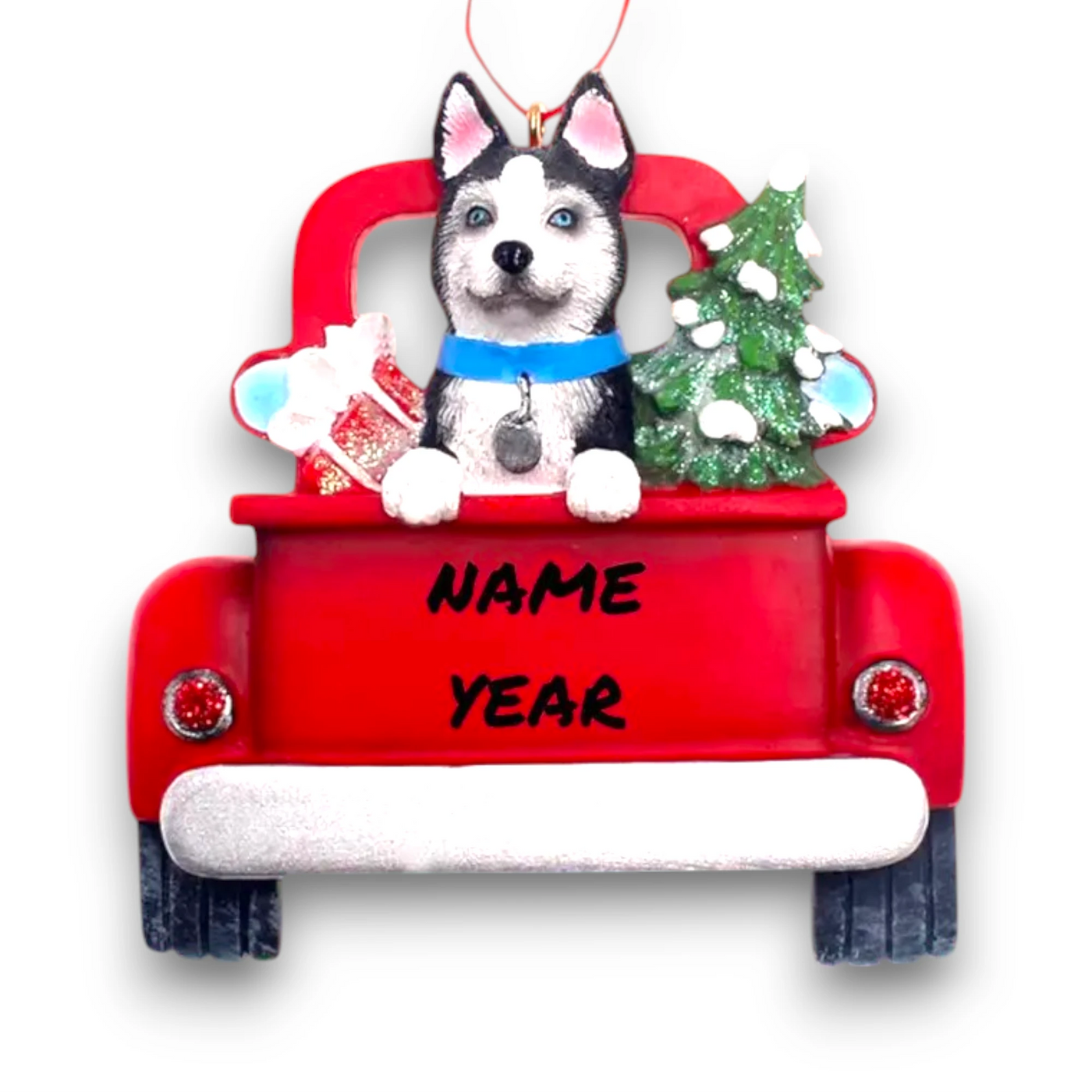 Personalized Husky In Back Of Truck Christmas Ornament featuring a Husky, a festive red truck, a Christmas tree, and a gift, customizable with name and year.
