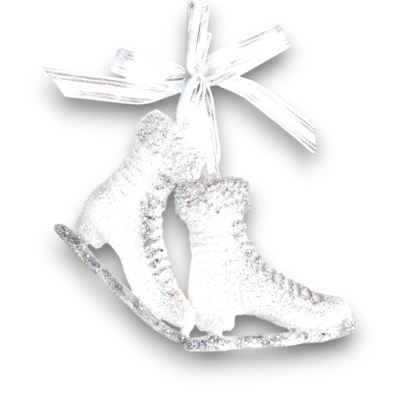 Personalized Ice Skates With Glitter Christmas Ornament featuring a pair of white ice skates adorned with glitter and a silver ribbon, customizable with a name and year.
