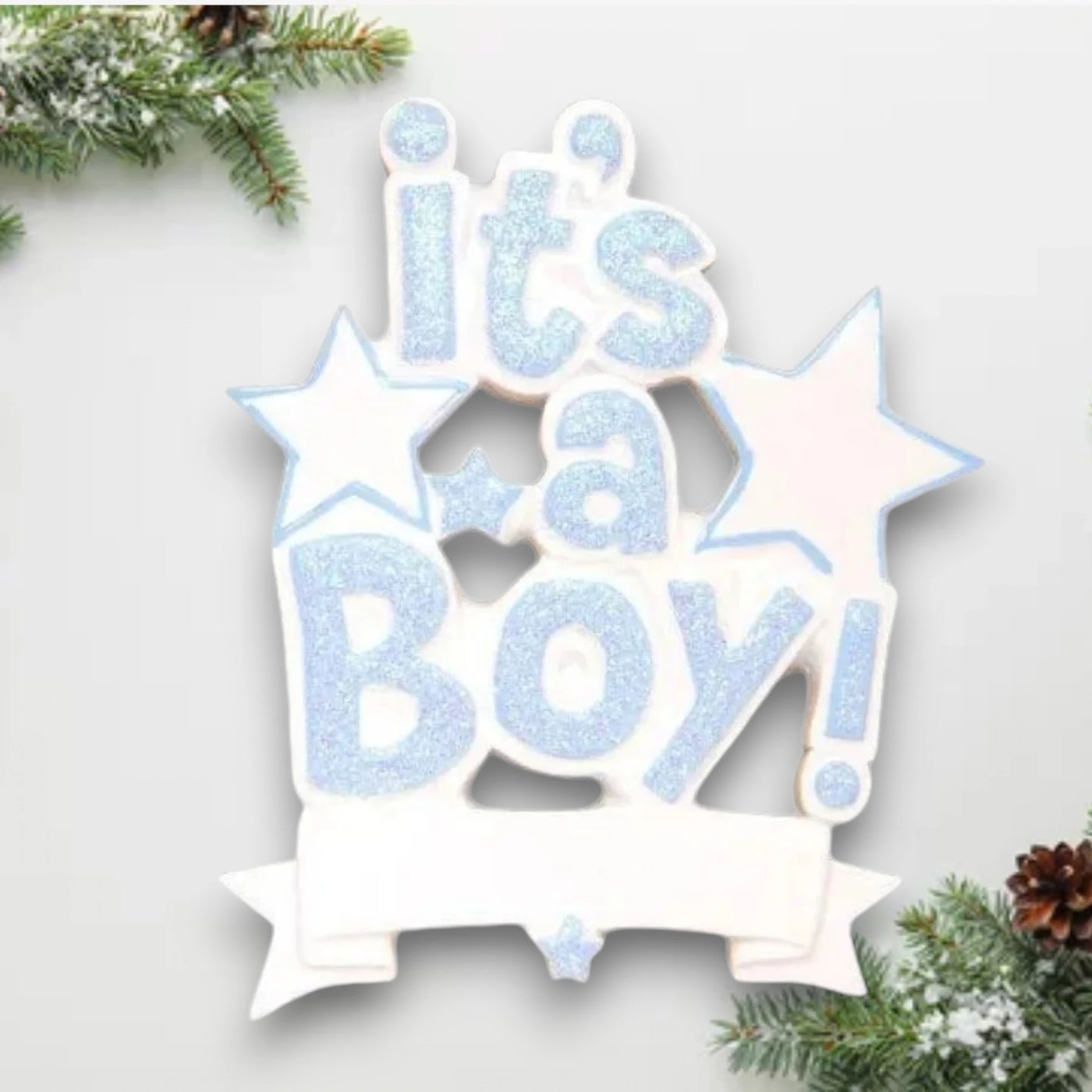 Personalized It’s a Boy Blue Christmas Ornament with customizable name and year, featuring glittery text and stars.