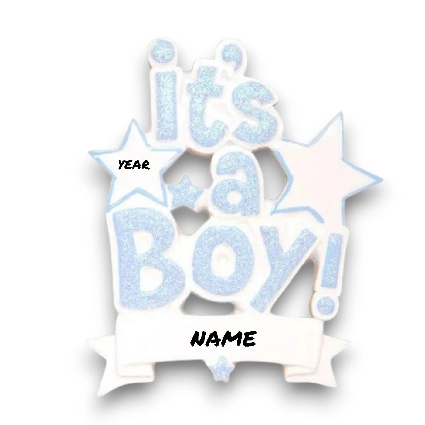 Personalized It’s a Boy Blue Christmas Ornament with customizable name and year, featuring glittery text and stars.