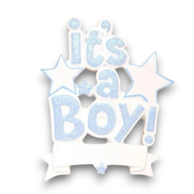 Personalized It’s a Boy Blue Christmas Ornament with customizable name and year, featuring glittery text and stars.