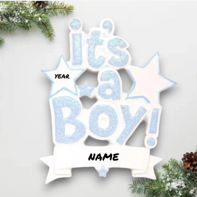 Personalized It’s a Boy Blue Christmas Ornament with customizable name and year, featuring glittery text and stars.